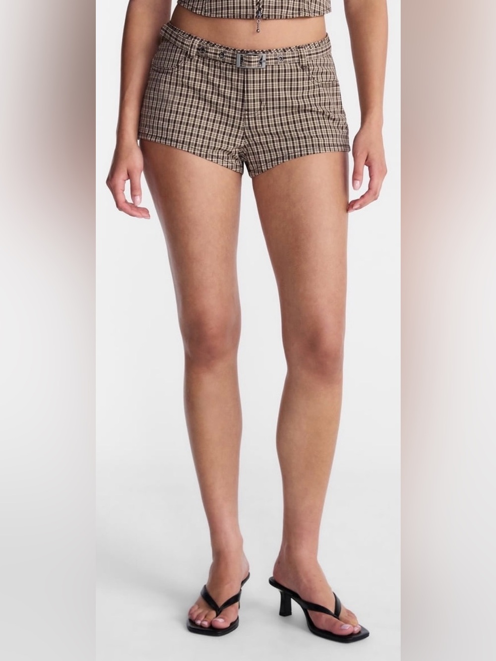 No Boundaries Brown Plaid Belted Short Shorts